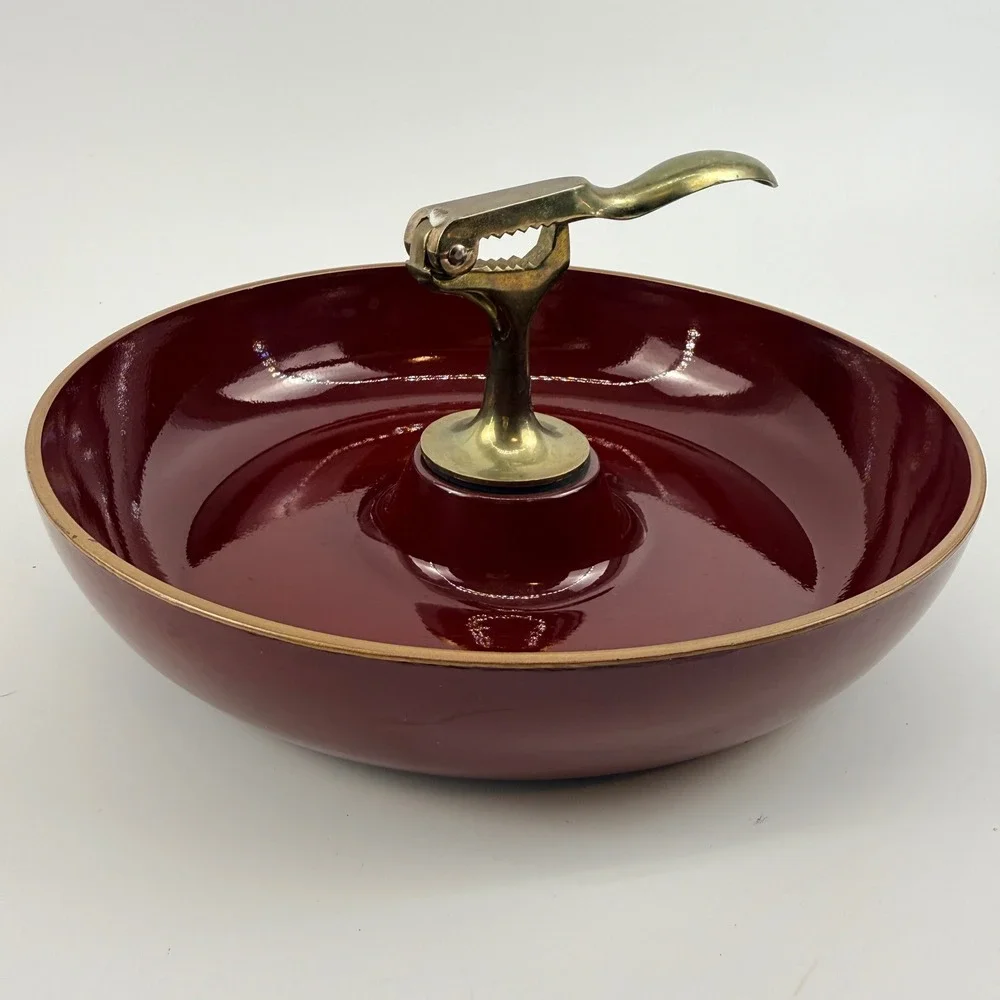 Vintage Japanese Lacquer Nut Bowl with Brass Nutcracker Burgundy Made in Japan